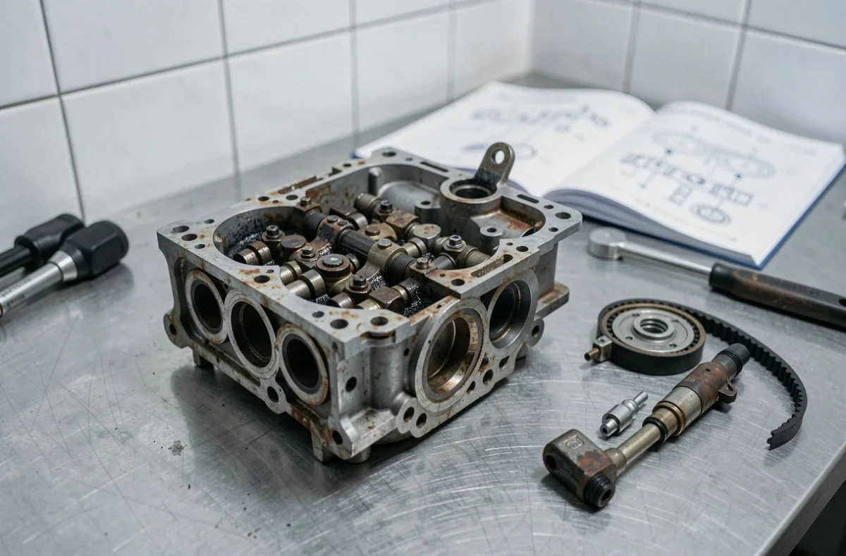 Culasse de moteur diesel 1.5 dCi démontée sur établi avec dépôts de carbone visibles
