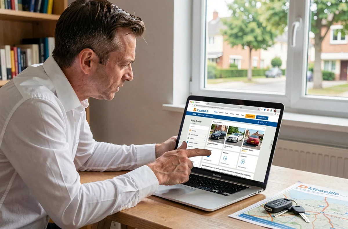 Professionnel consultant le site D-location.fr sur un ordinateur portable avec une carte de la Moselle et des clés de voiture posées sur le bureau