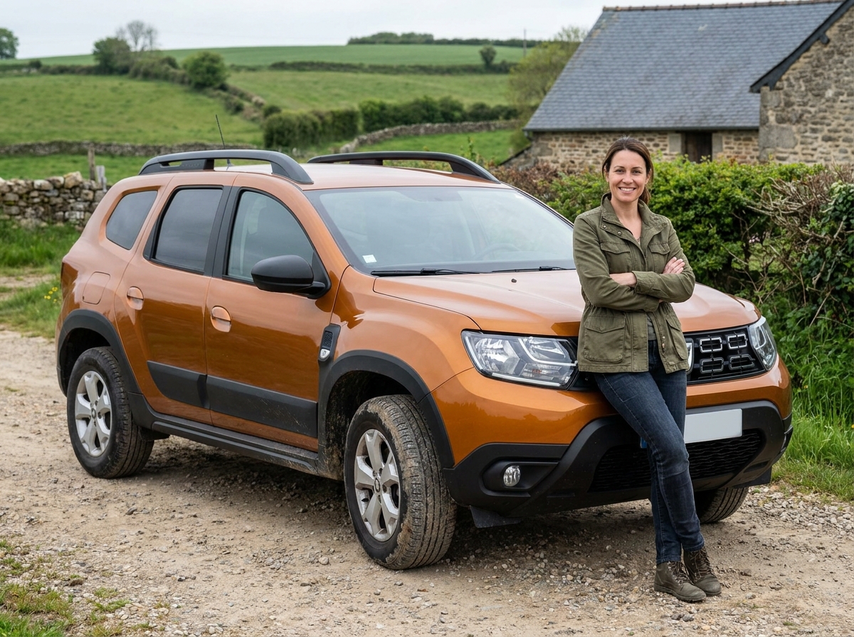 Dacia Duster orange garé sur un chemin de campagne, avec une femme appuyée contre l'aile avant dans un cadre rural français