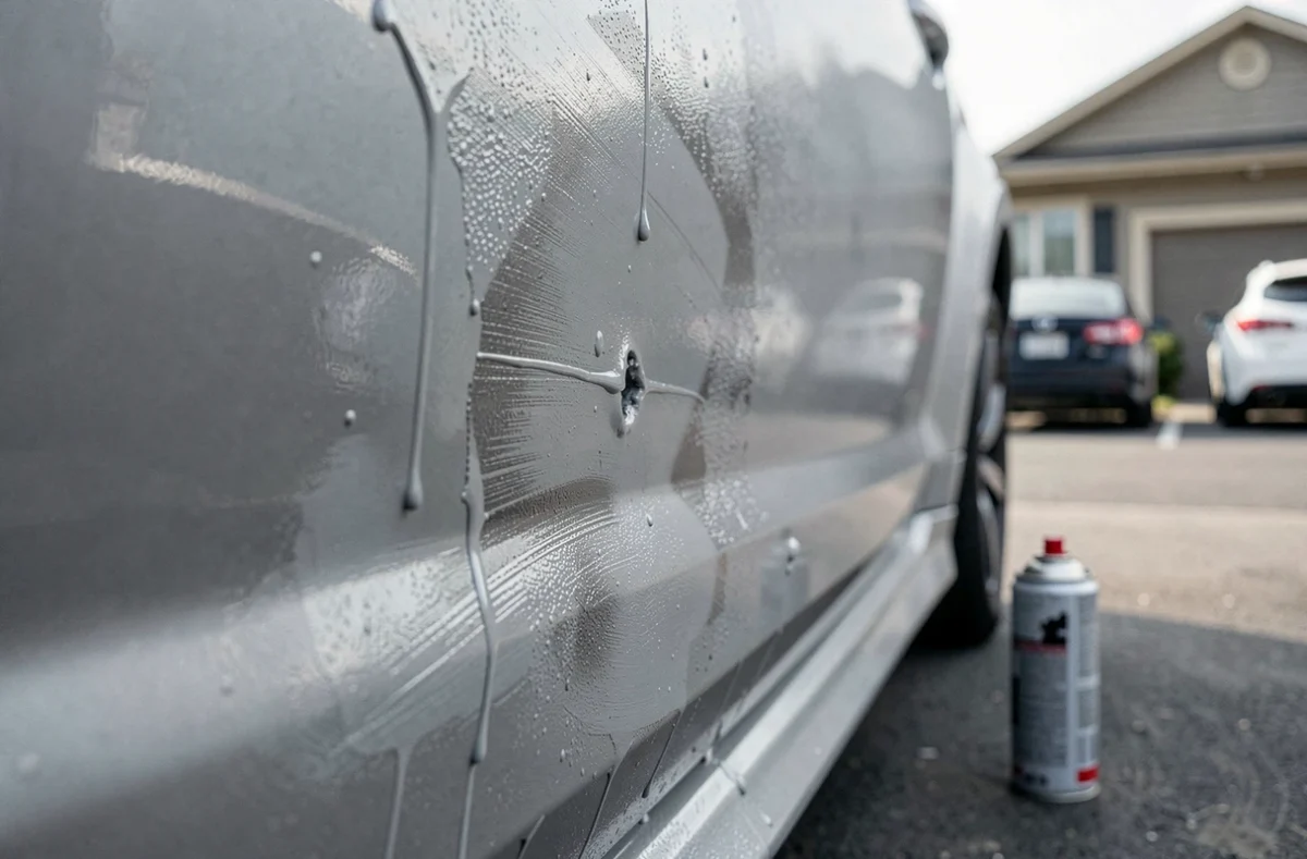 Défauts de peinture carrosserie visibles sur une portière de voiture après utilisation incorrecte d'une bombe de peinture, coulures et irrégularités de surface en gros plan