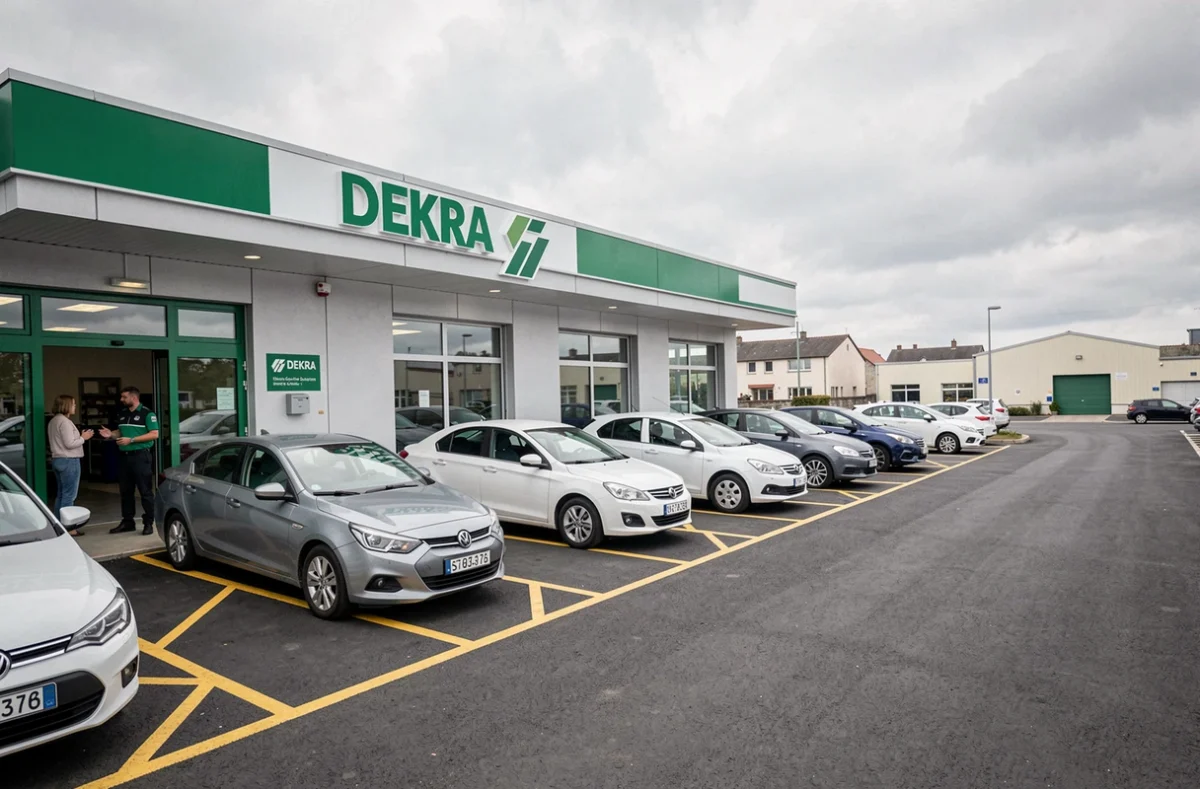 Centre DEKRA Maine-et-Loire avec sa signalétique verte caractéristique et des véhicules en attente de contrôle technique