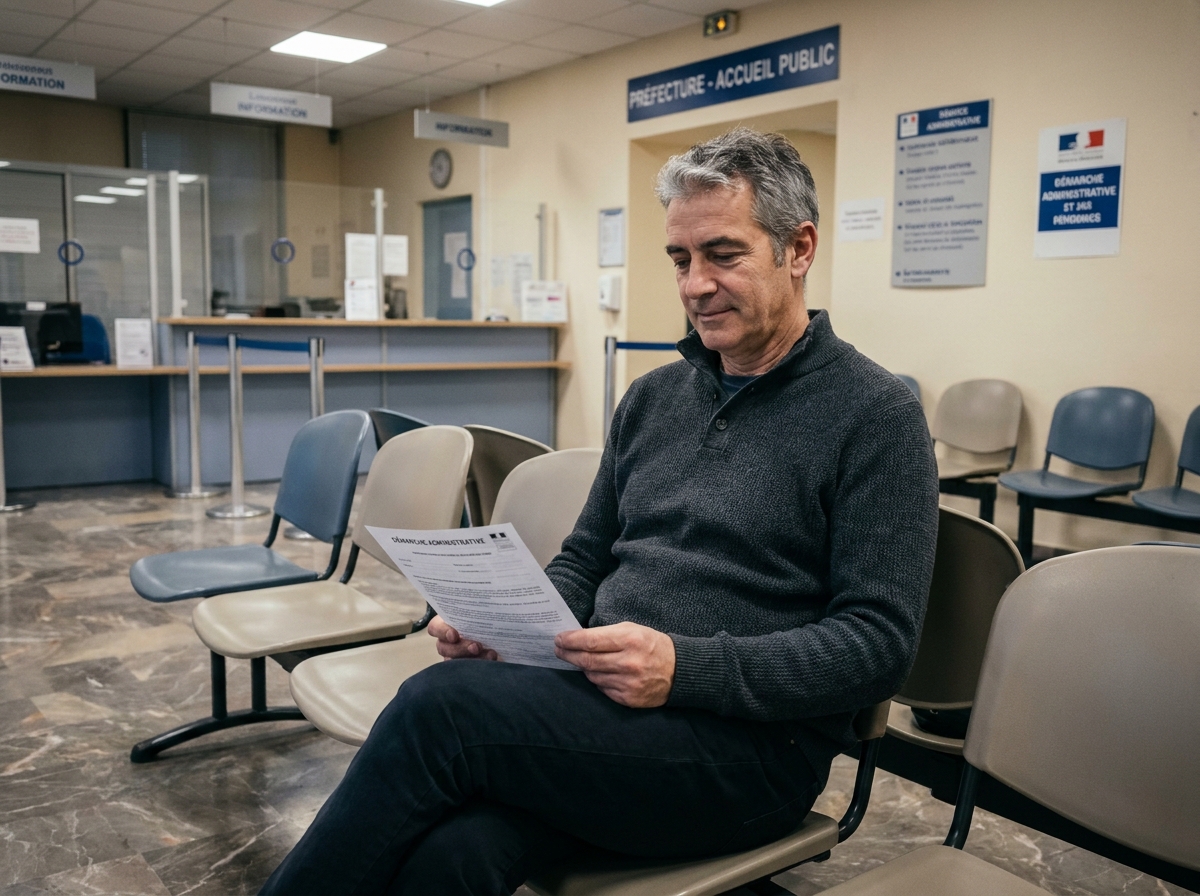 Homme en préfecture tenant un formulaire administratif pour renseignements sur les points de son permis