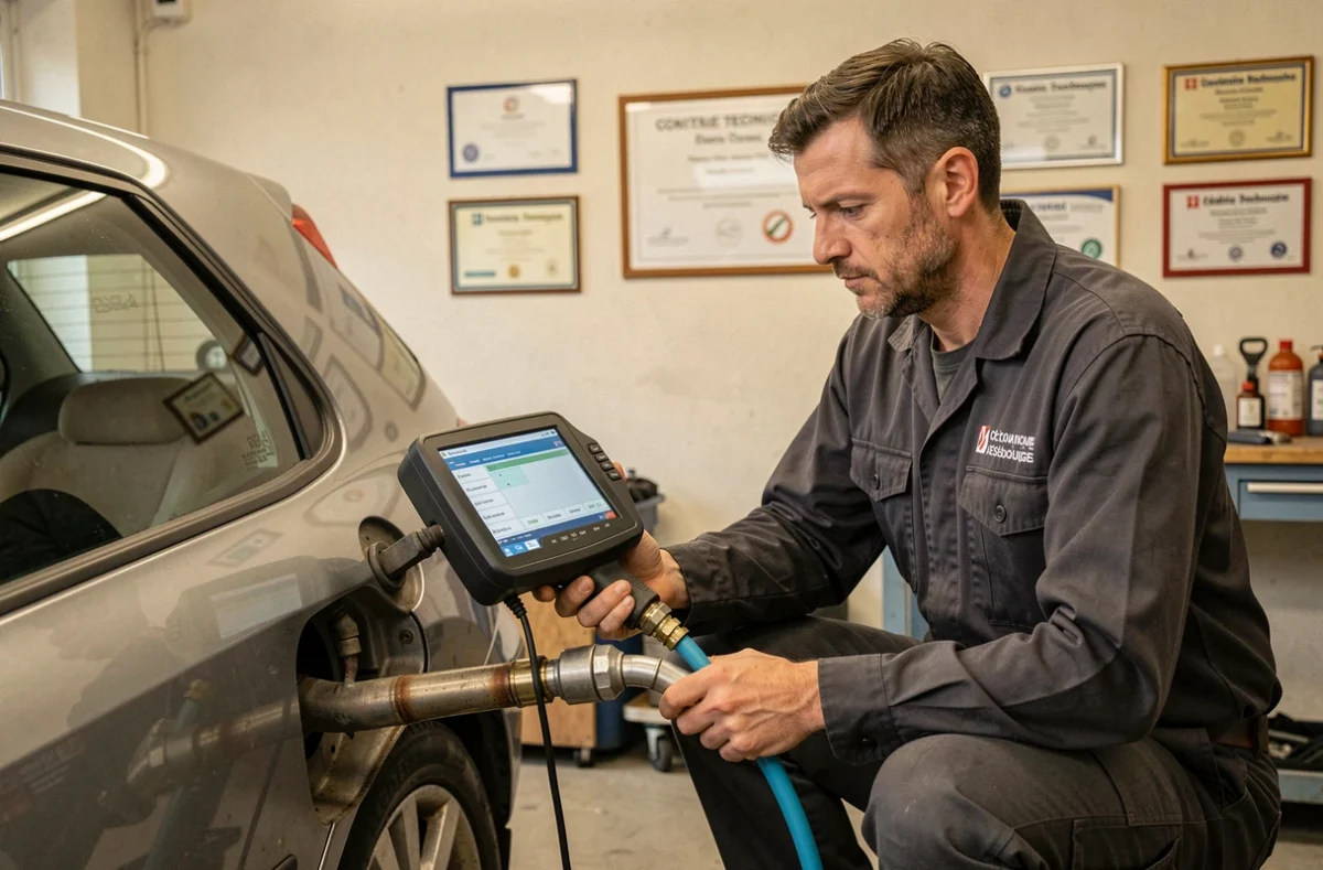 Cédric Desbouiges effectuant un test d'émissions d'échappement sur un véhicule dans son garage de contrôle technique indépendant