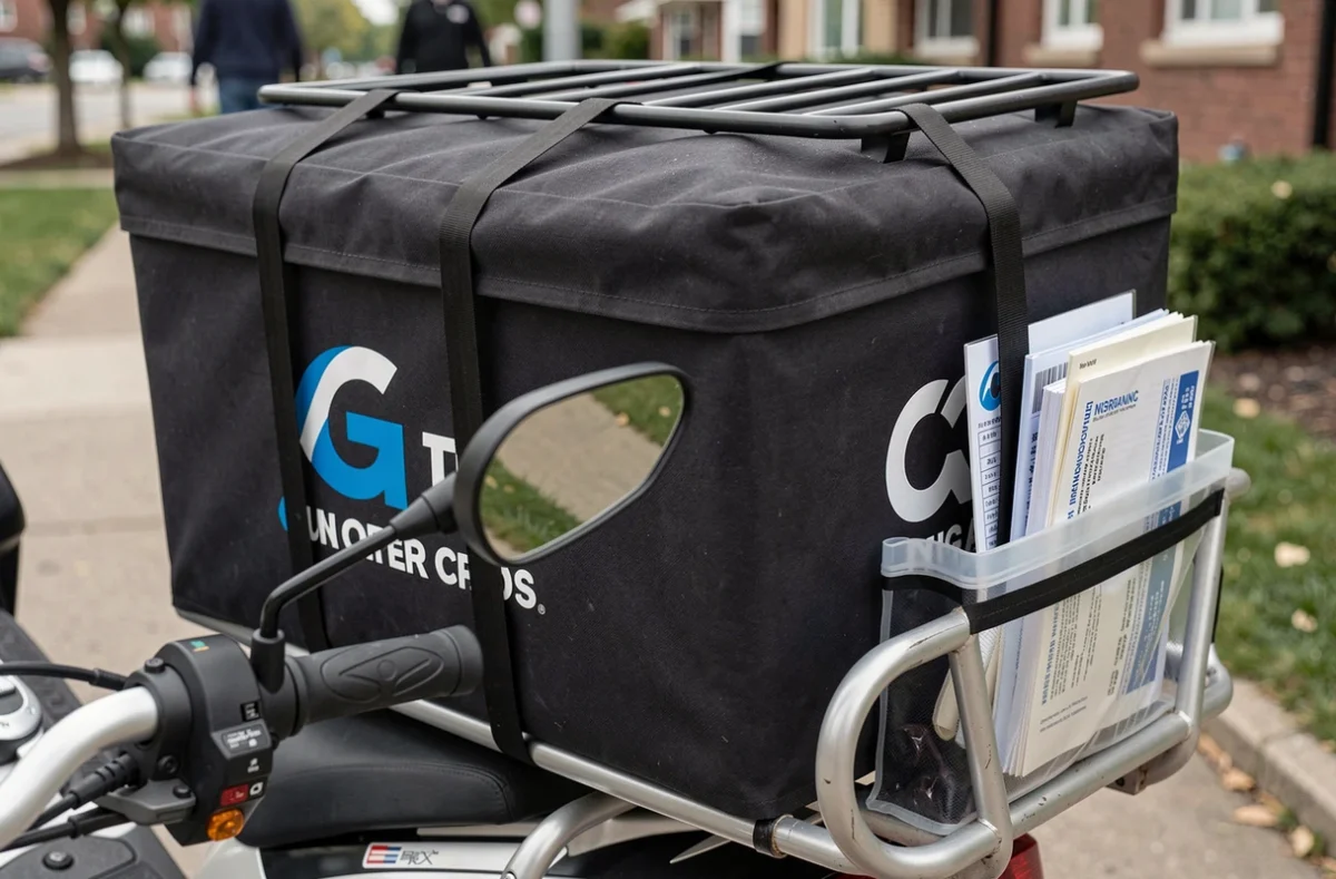 Détail du coffre isotherme et des documents d'assurance fixés sur un scooter de livraison professionnel
