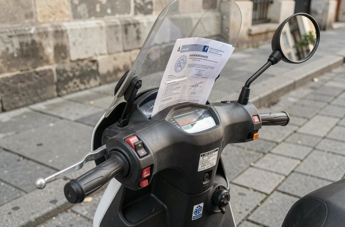Détail du guidon d'un scooter 50cm3 avec certificat d'assurance glissé sous le pare-brise sur un trottoir urbain
