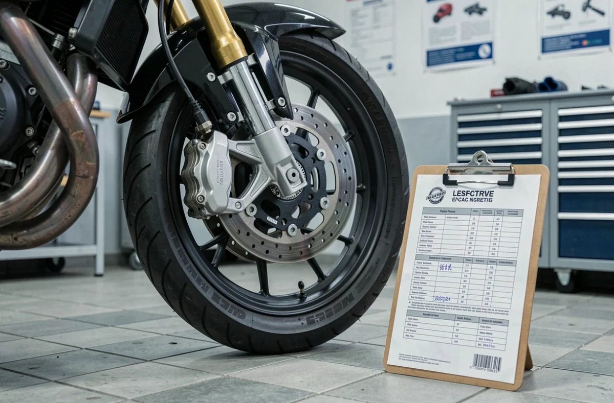 Détail roue avant et frein d'une moto sur pont d'inspection lors du contrôle technique obligatoire