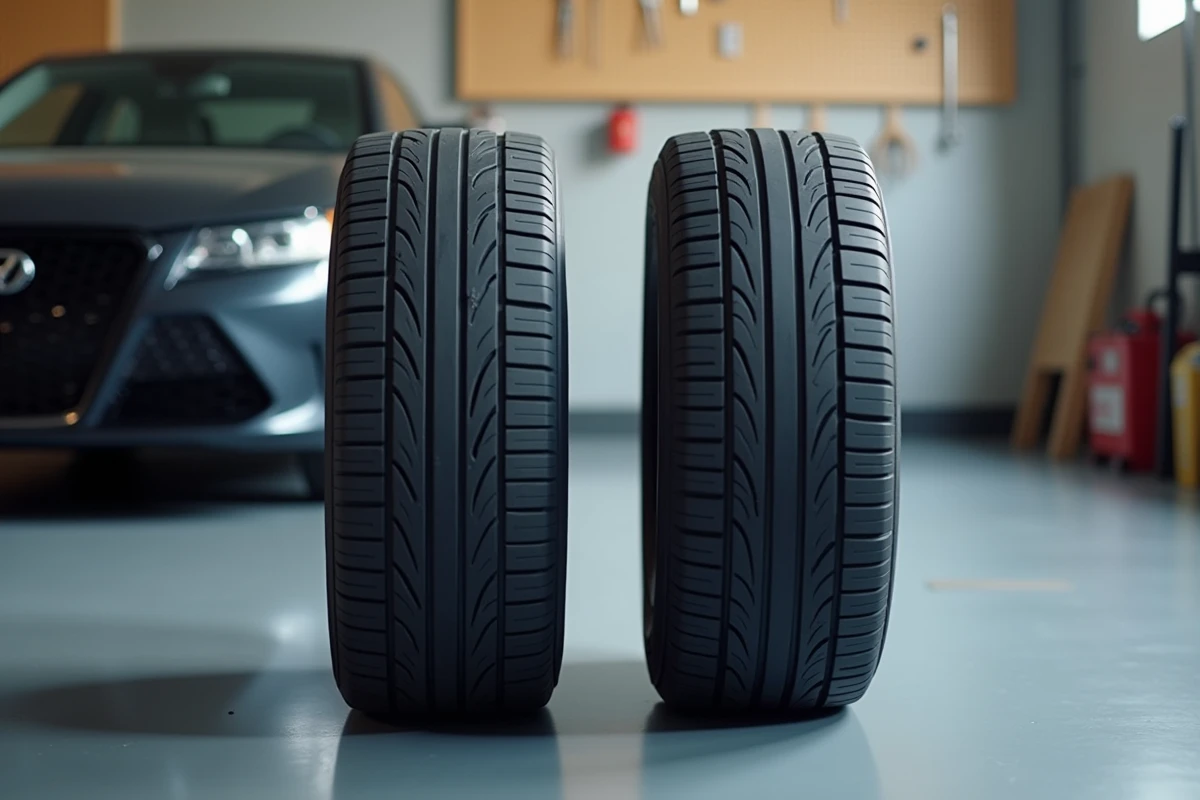 Deux pneus de tailles différentes côte à côte dans un garage pour illustrer la comparaison de montes