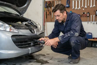 Mécanicien branchant un dongle OBD2 sur une Peugeot pour diagnostiquer le code DTC P1351 sans valise professionnelle