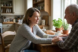 Une femme discute avec bienveillance d'un retrait de permis de conduire avec son père âgé autour d'une table de cuisine
