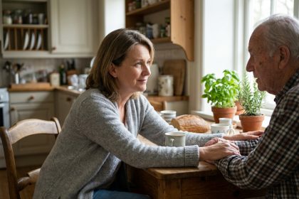 Une femme discute avec bienveillance d'un retrait de permis de conduire avec son père âgé autour d'une table de cuisine