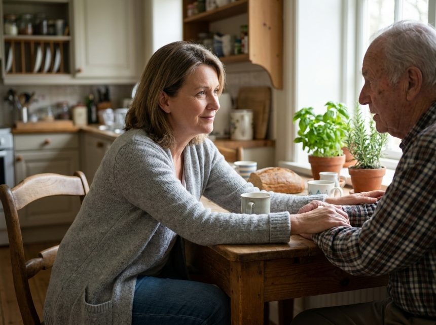 Une femme discute avec bienveillance d'un retrait de permis de conduire avec son père âgé autour d'une table de cuisine