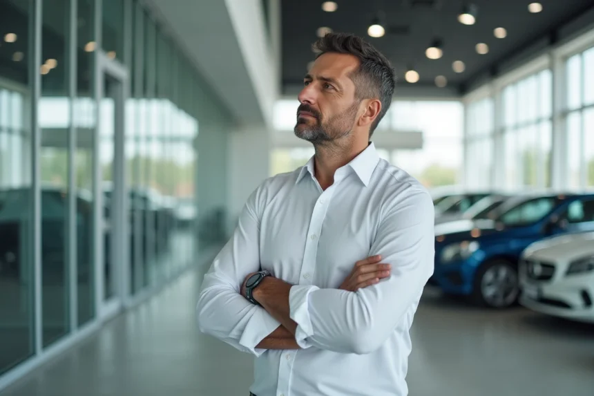 Professionnel de l'automobile dans une salle d'exposition vide après la disparition de Dinatel Auto, reflétant un changement dans le paysage automobile