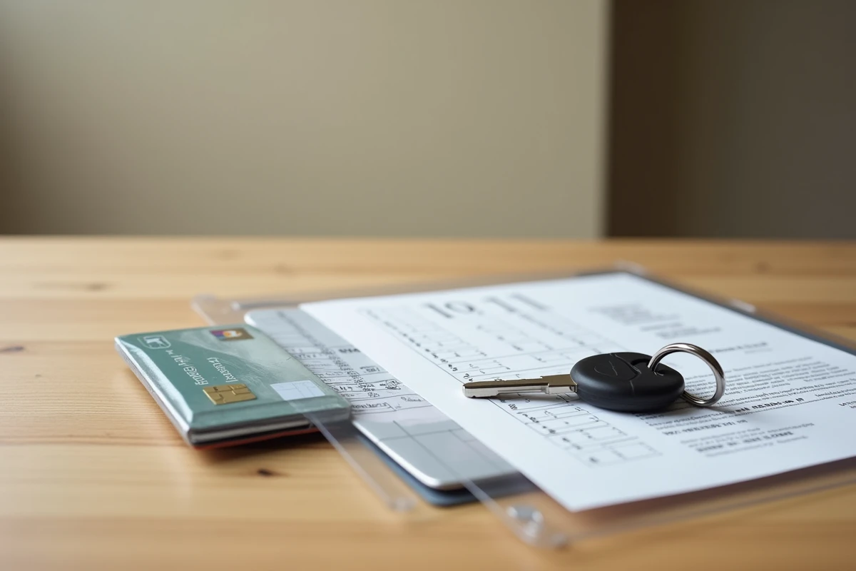 Documents administratifs pour quad : carte grise, assurance et permis de conduire posés sur un bureau en bois