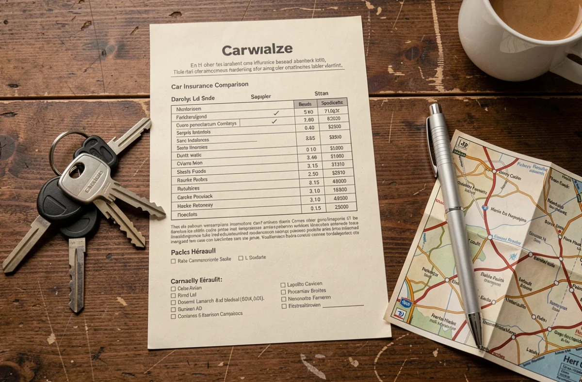 Vue de dessus d'un bureau avec des documents d'assurance auto, des clés de voiture et une carte routière de l'Hérault