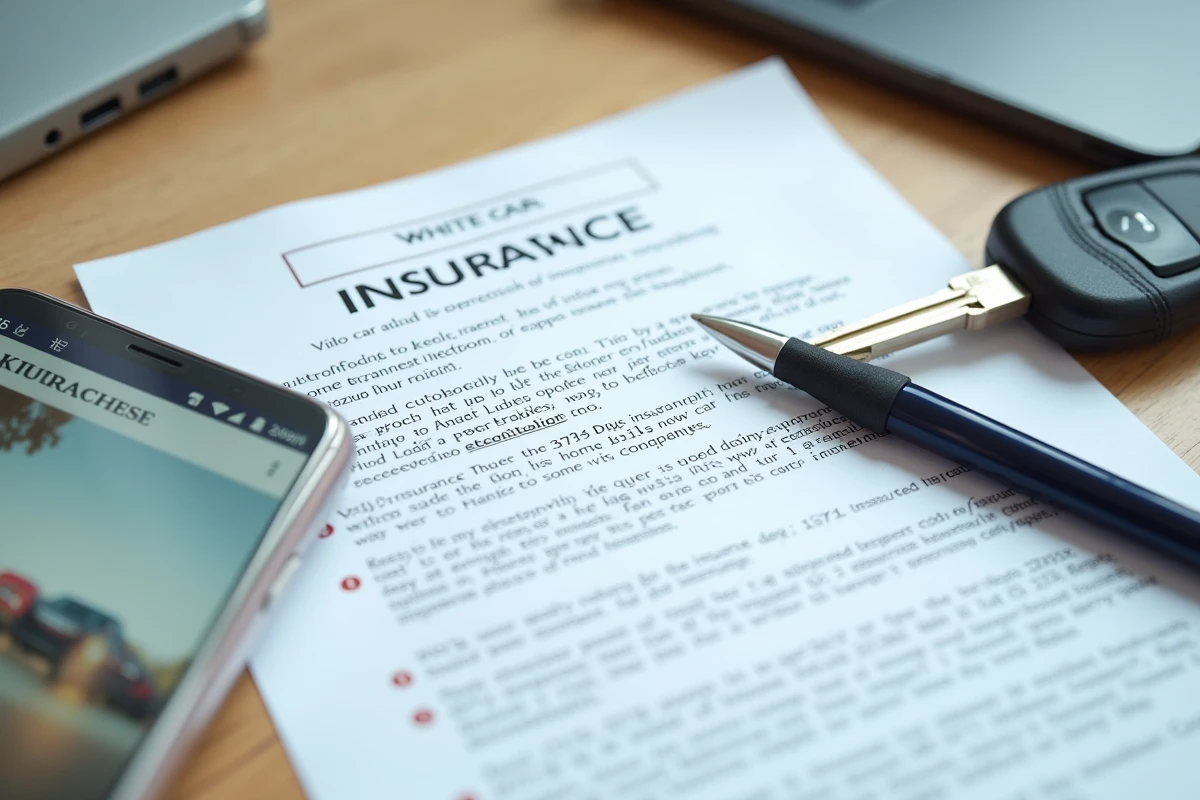Documents de contrat d'assurance auto, clés de voiture et smartphone sur un bureau, illustrant la procédure de changement d'assurance avant un an