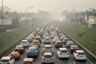 Embouteillage sur le périphérique de Caen avec des voitures à l'arrêt vues depuis un pont autoroutier