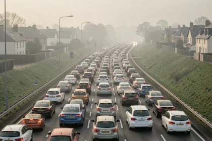 Embouteillage sur le périphérique de Caen avec des voitures à l'arrêt vues depuis un pont autoroutier