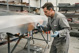 Mécanicien appliquant une bombe de peinture carrosserie trop près d'un panneau de voiture, montrant une erreur courante de distance dans un atelier automobile