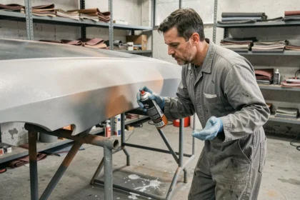 Mécanicien appliquant une bombe de peinture carrosserie trop près d'un panneau de voiture, montrant une erreur courante de distance dans un atelier automobile