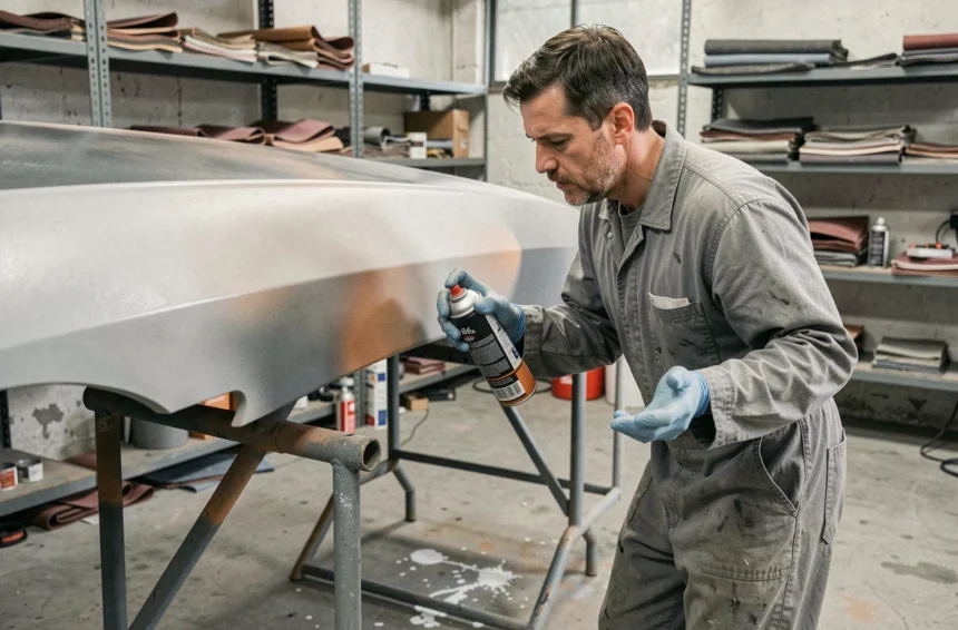 Mécanicien appliquant une bombe de peinture carrosserie trop près d'un panneau de voiture, montrant une erreur courante de distance dans un atelier automobile