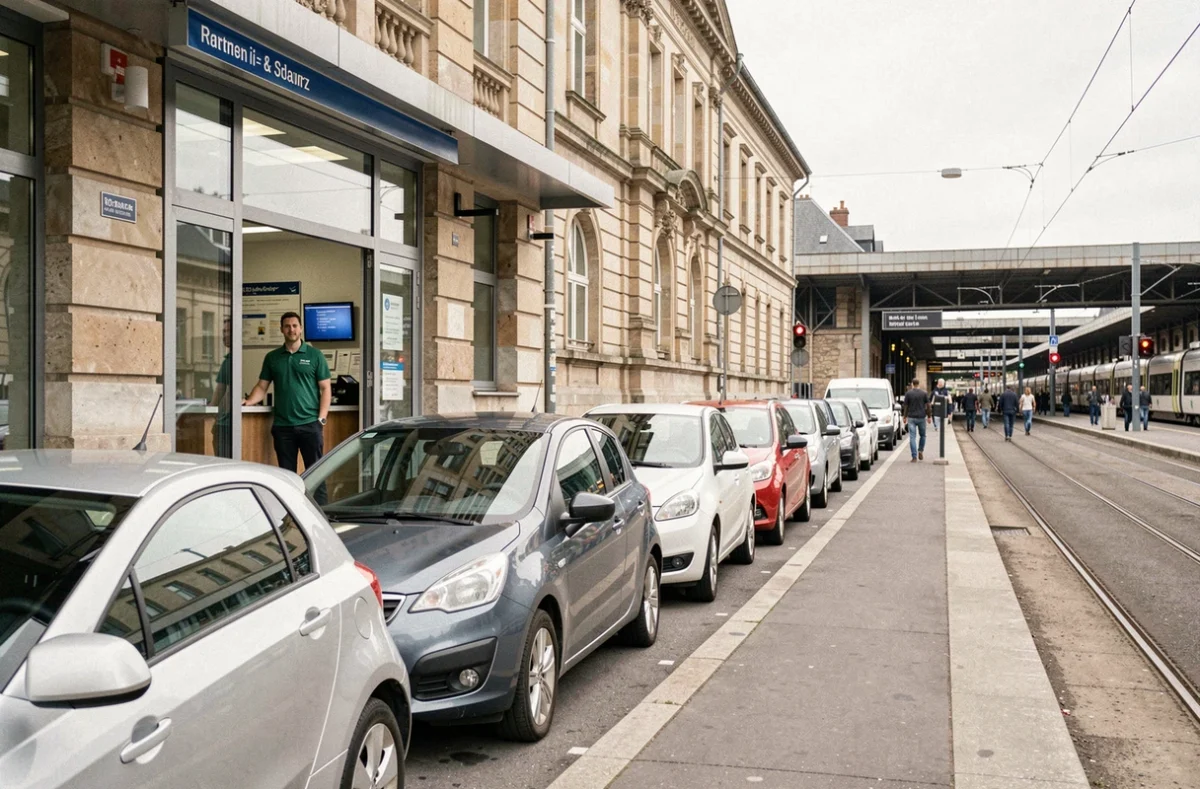Façade de l'agence Europcar à la gare de Metz avec des voitures garées devant et un agent en polo vert