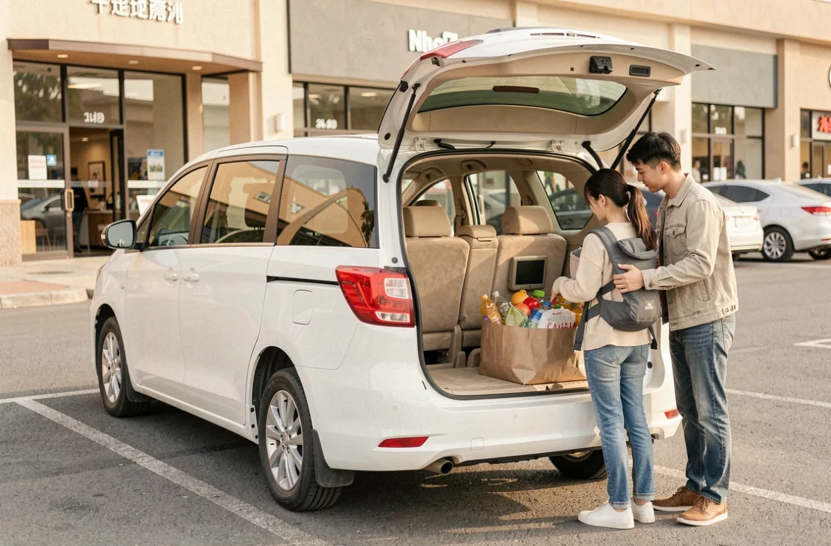 Jeune famille chargeant le coffre d'un monospace chinois blanc dans un parking de centre commercial