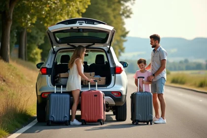 Famille souriante d&eacute;chargeant des bagages du SUV en vacances