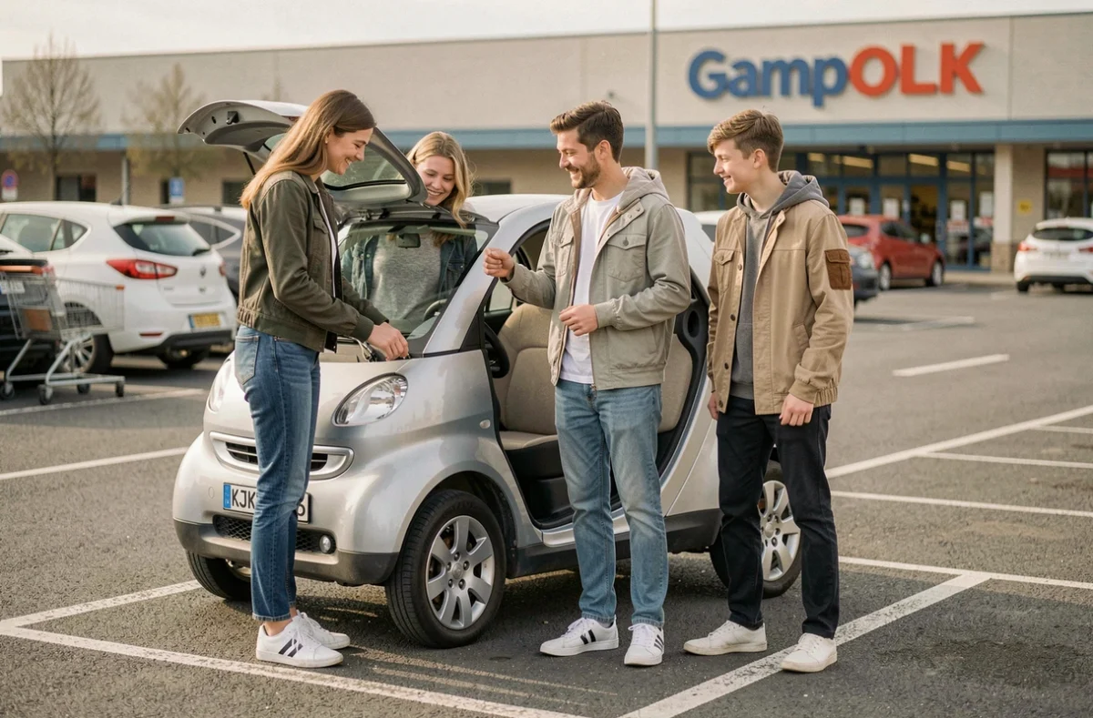 Famille française avec une voiture sans permis quatre places devant un supermarché