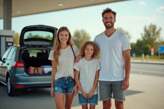 Famille souriante à la station essence en été