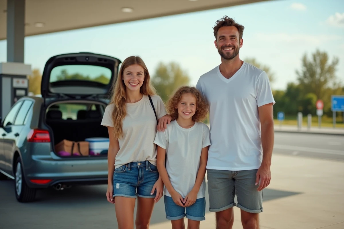 Famille souriante à la station essence en été