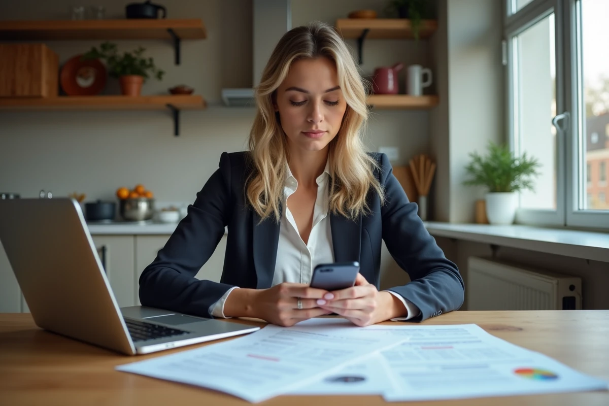 Femme jeune consulte documents d