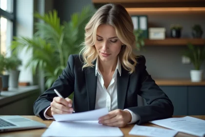 Femme d'affaires examinant un contrat d'assurance au bureau