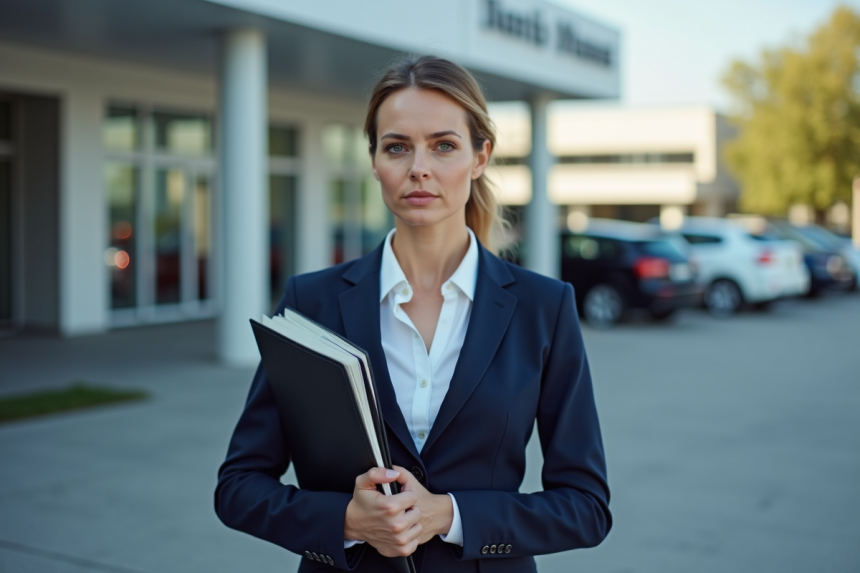 Femme d'affaires sérieuse devant un concessionnaire automobile