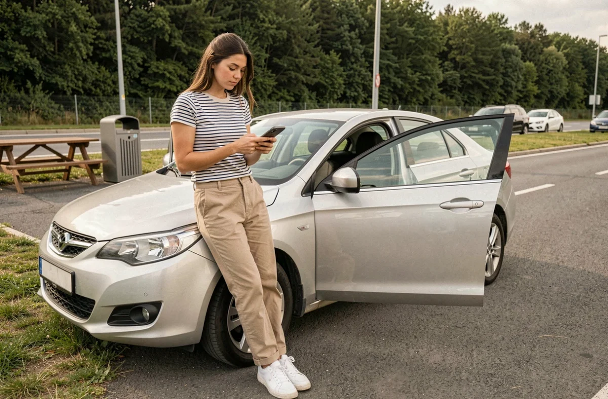 Jeune femme consultant une application de navigation sur smartphone lors d'une pause dans une aire de repos d'autoroute gratuite