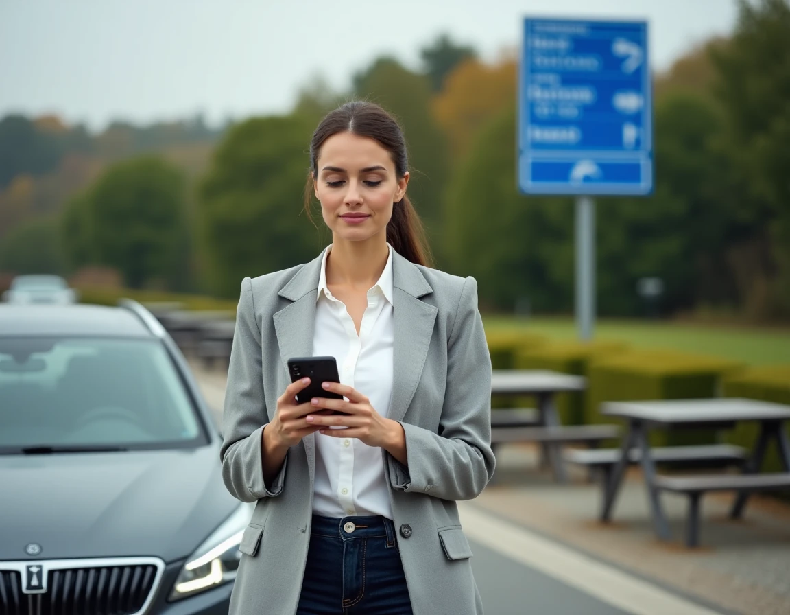Femme consultant une application de carte GPS avec estimation des péages autoroutiers sur son smartphone