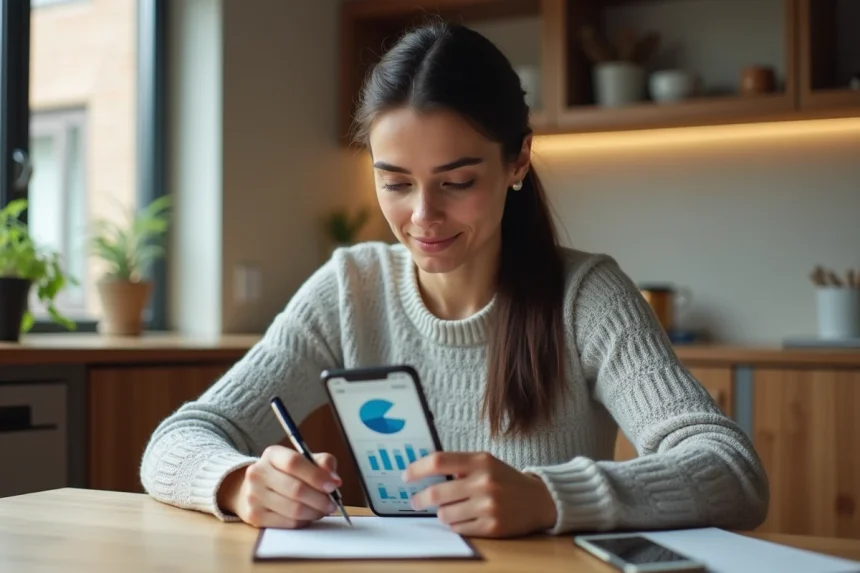 Femme consultant une application de suivi des dépenses en carburant sur smartphone à une table en bois