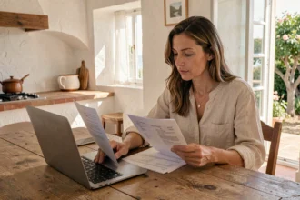 Femme consultant des documents d'assurance auto sur un ordinateur portable dans une maison méditerranéenne à Agde