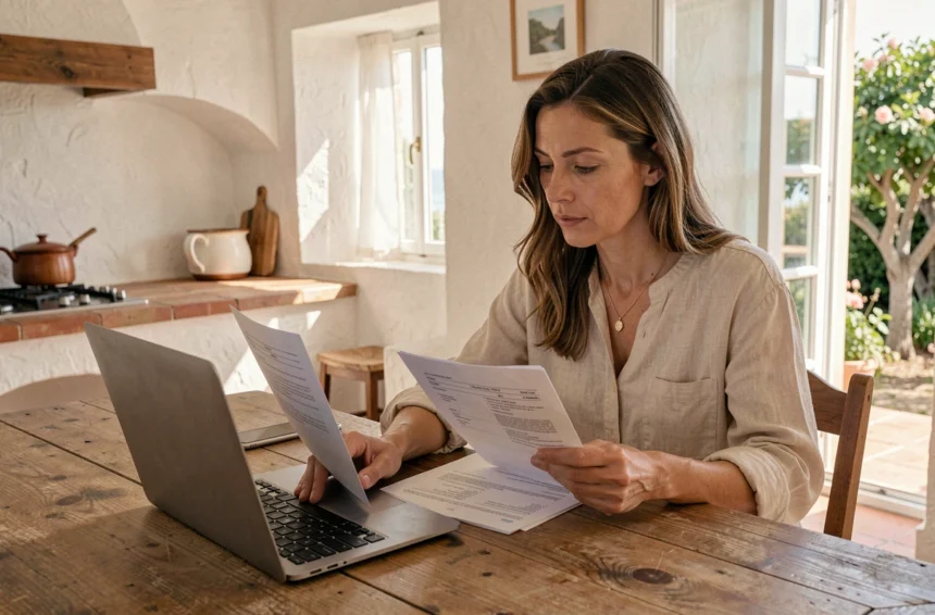 Femme consultant des documents d'assurance auto sur un ordinateur portable dans une maison méditerranéenne à Agde