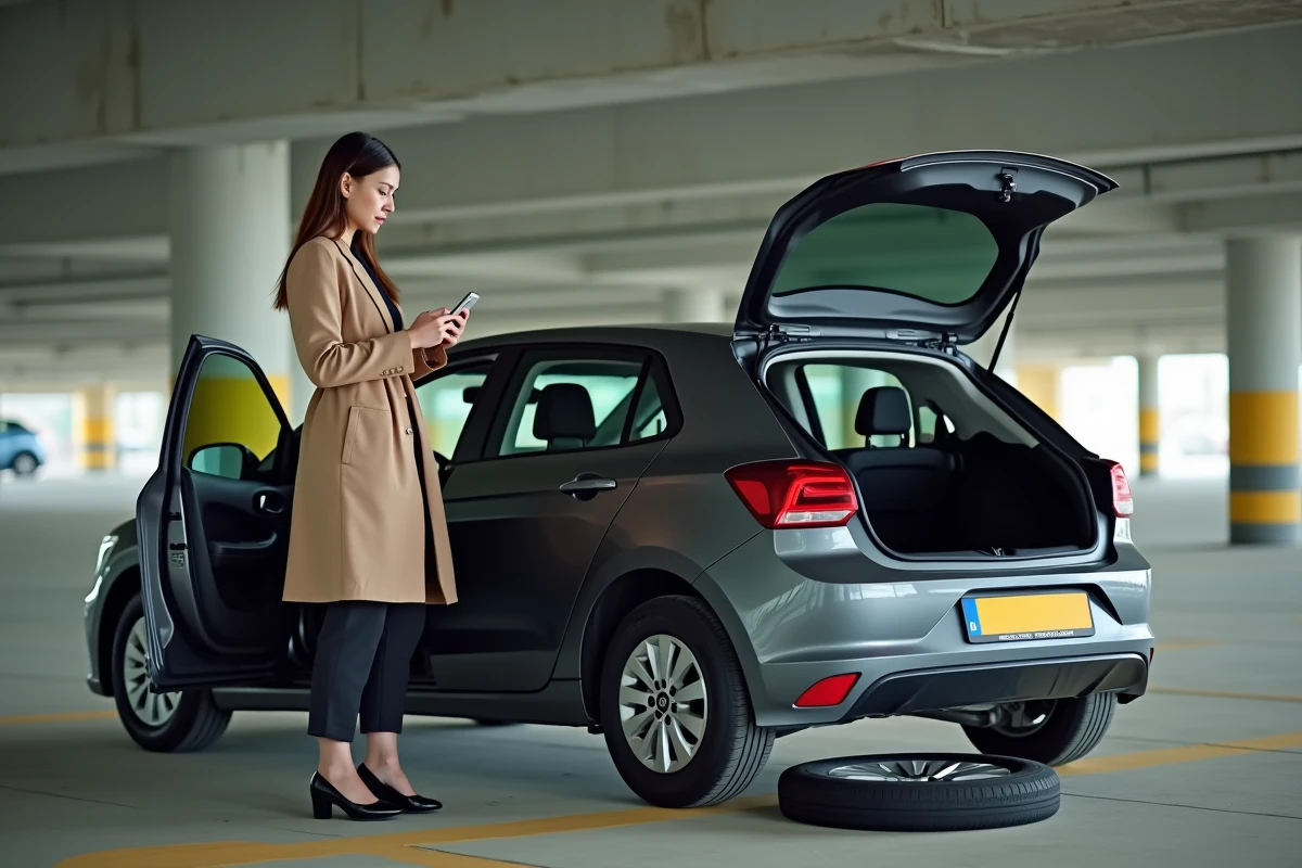 Femme contactant son assurance par téléphone après un pneu crevé dans un parking urbain