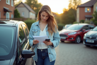 Femme vérifiant ses documents d'assurance voiture en extérieur