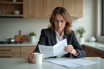 Femme d'affaires examine une police d'assurance maison