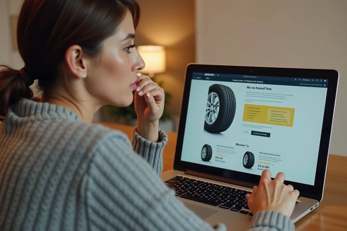 Femme consultant des avis clients sur un site de vente de pneus en ligne depuis son bureau à domicile