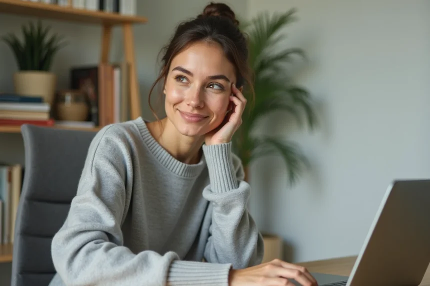 Femme concentrée au bureau consultant rapidement les actualités sur son ordinateur portable sans interrompre son travail