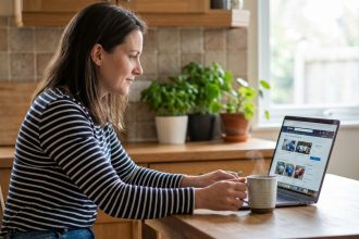 Femme assise à la cuisine avec ordinateur portable