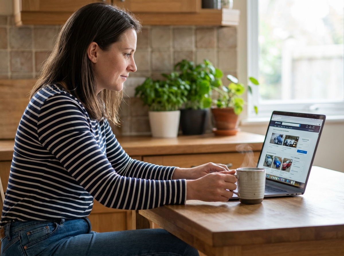 Femme assise à la cuisine avec ordinateur portable
