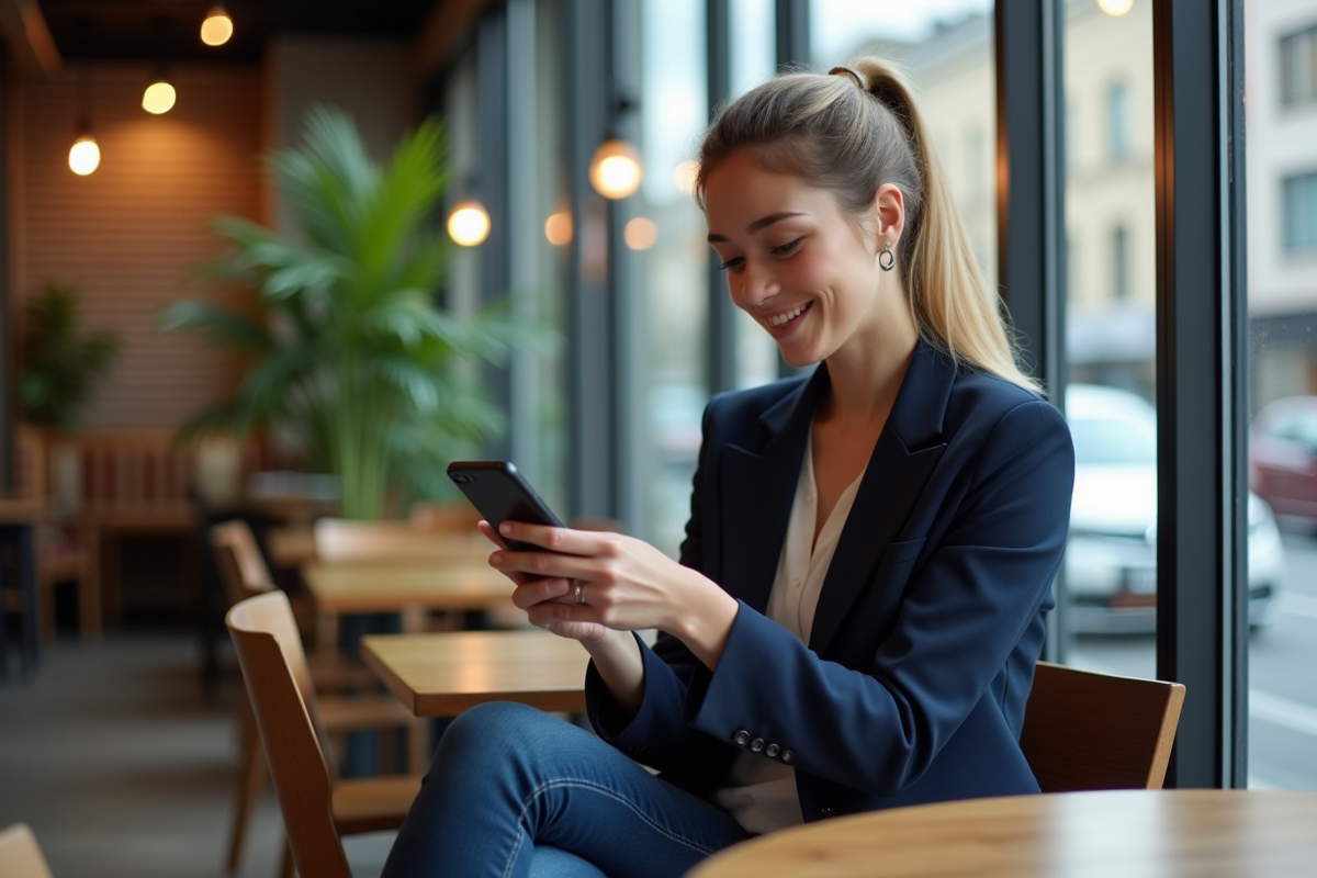Femme professionnelle lisant avis sur une application dans un café