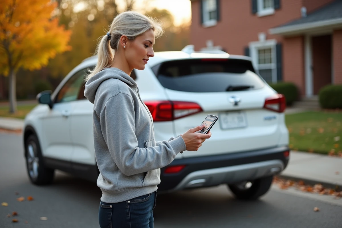 Femme consultant un calculateur de taille de pneu sur smartphone à côté d'un SUV dans une allée résidentielle