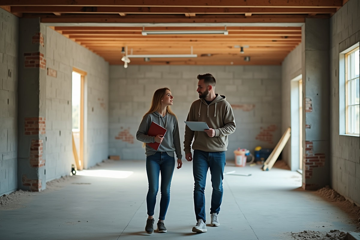 Jeune femme avec un carnet dans un chantier de garage en construction