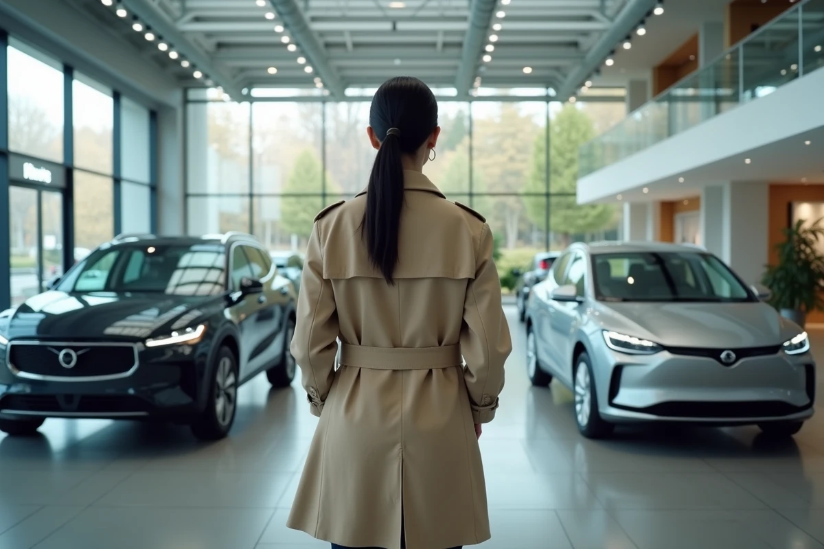 Femme hésitant entre un véhicule hybride et électrique dans un showroom automobile avec étiquettes Crit'Air visibles