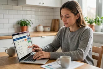 Femme comparant des offres d'assurance auto pas chère sur un ordinateur portable dans une cuisine moderne